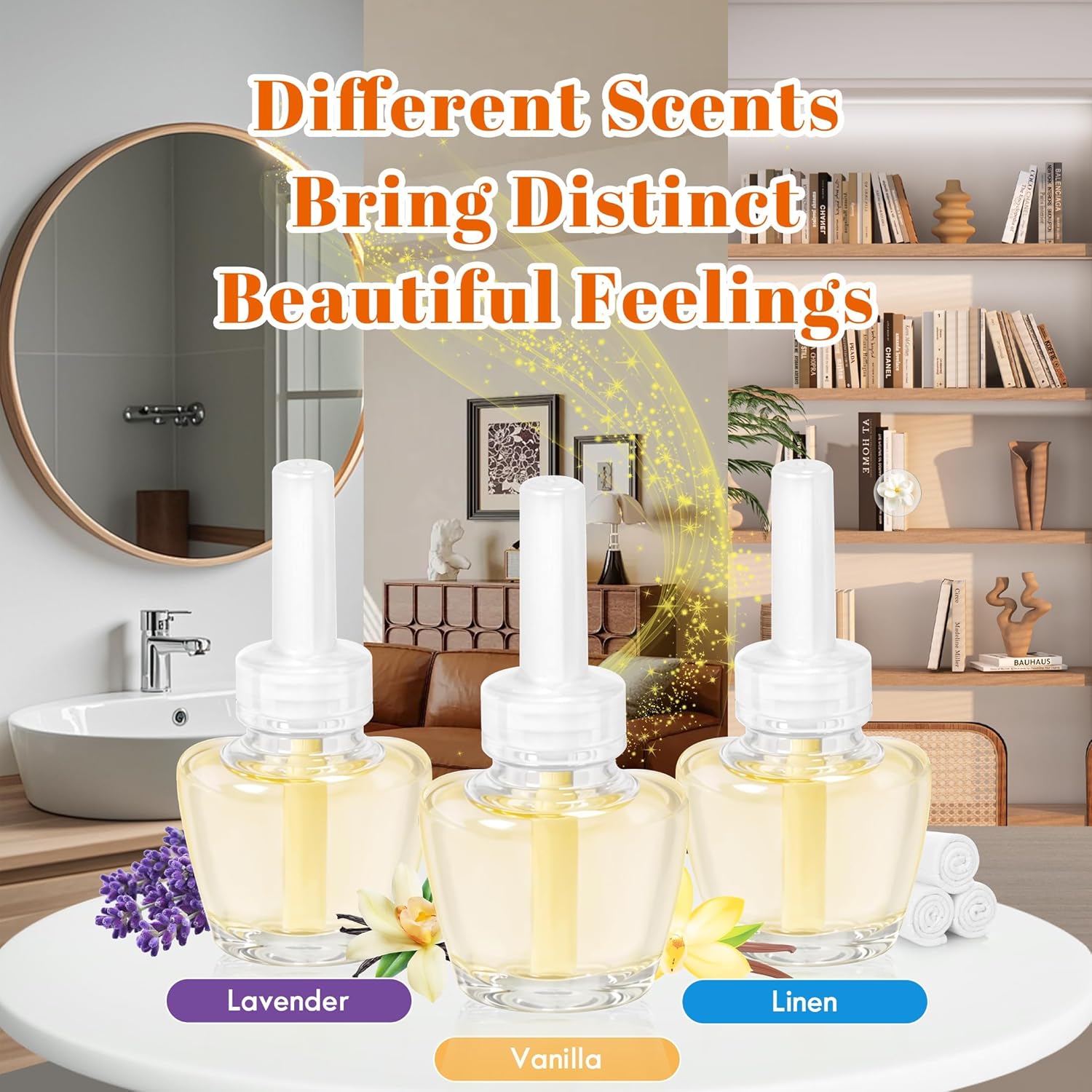 Plug-in Air Freshener Starter Kit, 1 Warmer and 9 Essential Oil Refills, Lavender, Vanilla, Linen Scent for Home, Bathroom and Office, Compatible with Air Wick and Glade Air Fresheners