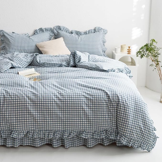 mixinni Blue White Gingham Ruffle Duvet Cover Twin XL Size 3 Pieces – 100% by mixinni
