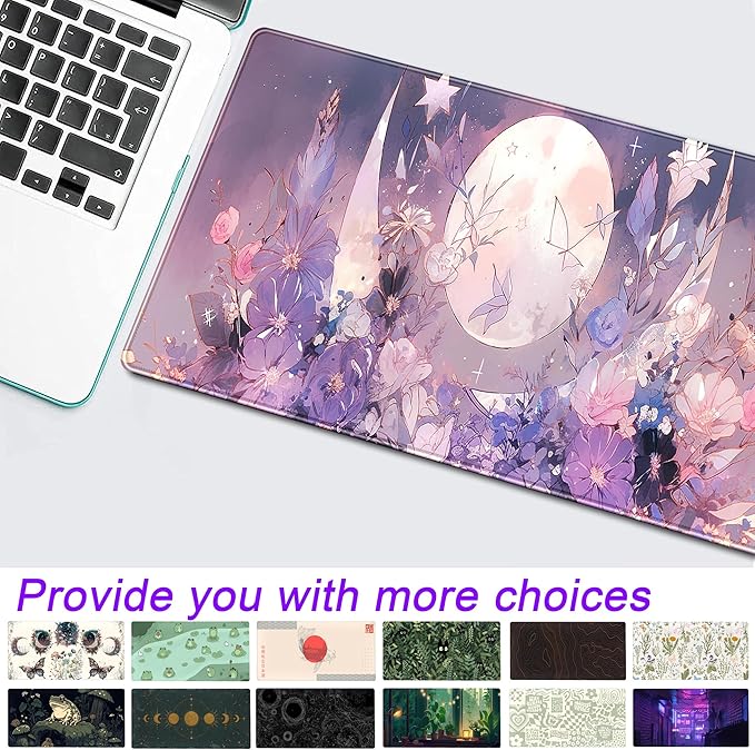 Cool Kawaii Pastel Purple Floral Desk Mat Mouse Pad Large Gaming Mousepad Spiritual Full Moon XL Extended Desk Pad Laptop Keyboard Mouse Mat, Cute Deskmat for Women Office Decor 31.5''x11.8''