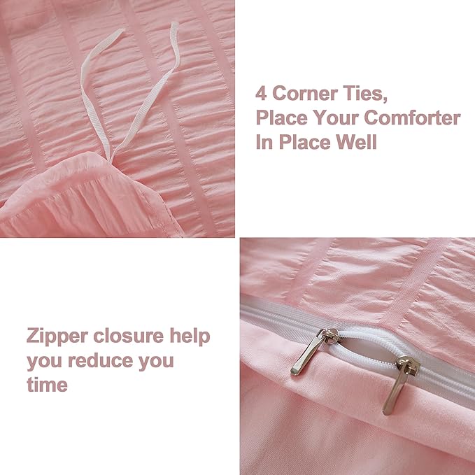 AveLom Blush Pink Seersucker Duvet Cover Set King Size, 3 Pieces, Ultra Soft - Image 4