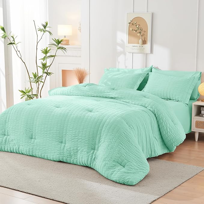 HYMOKEGE Mint Green Twin Comforter Set Seersucker 5 Pieces, All Season Luxury - Image 8