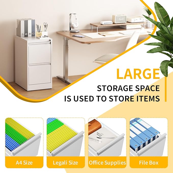 Reegangfa 2 Drawer File Cabinet with Lock, Metal Vertical Filing Cabinet, Lockable Heavy Duty Steel Small File Cabinets for Home Office, for A4 Legal/Letter Size Storage, White, Assembly Required