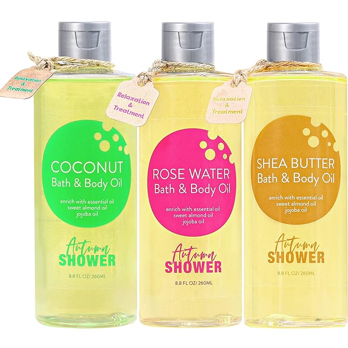 Bath and Body Oil with Sweet Almond Jojoba, Shea Butter, Rose Water, Coconut by AutumnShower