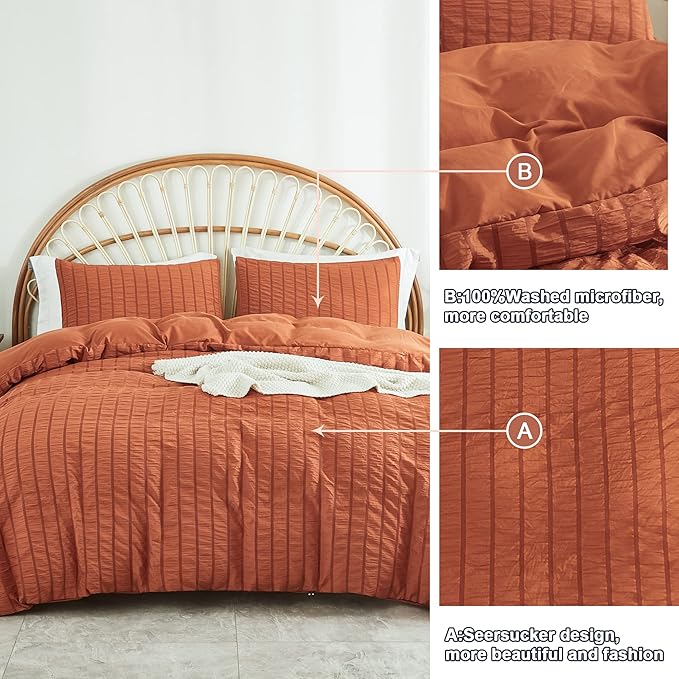 AveLom Terracotta Seersucker Duvet Cover Set Full Size, 3 Pieces, Ultra Soft - Image 7