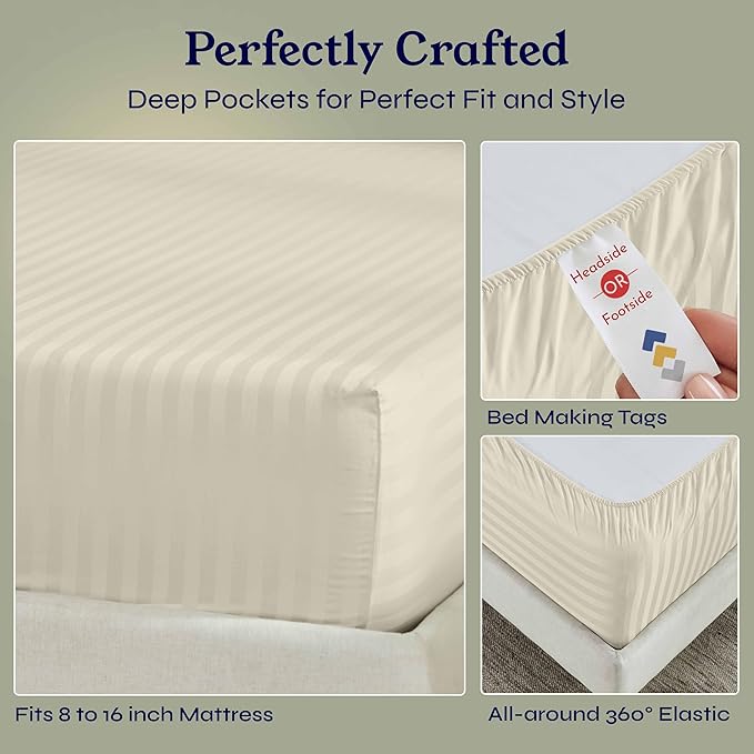 California Design Den Cotton Sateen Damask Stripe Queen Size Fitted Sheet Only - Image 6