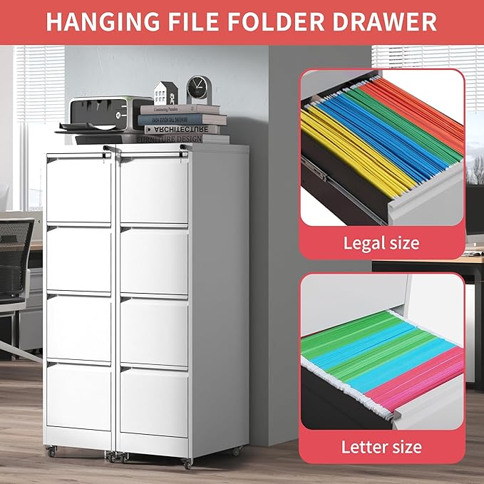 IKIMI 4 Drawer Locking File Cabinet with Wheels,White Metal Mobile Filing Cabinets,Vertical File Cabinet for Home Office,Heavy Duty Rolling Storage Cabinet for A4/Letter/Legal Size,Assembly Required