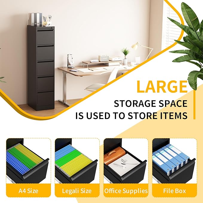 Reegangfa 5 Drawer File Cabinet with Lock, 18" D Metal Vertical File Cabinets, Steel File Storage Cabinets for Home Office, Hanging A4 Legal/Letter Size Narrow Filing Cabinet, Assembly Required