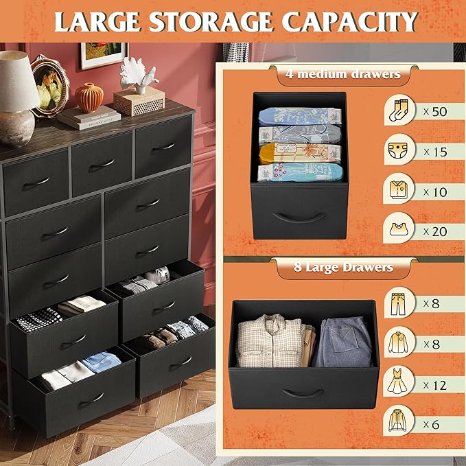 WLIVE Tall Dresser for Bedroom, Fabric Dressers Storage Tower, Dresser & Chest of Drawers Organizer Unit with 11 Drawers, Storage Cabinet, Hallway, Closets, Steel Frame, Wood Top, Charcoal Black