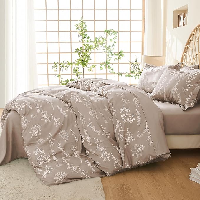 MUXHOMO Duvet Cover Queen Size, Reversible Floral Taupe Duvet Cover Set - Image 2