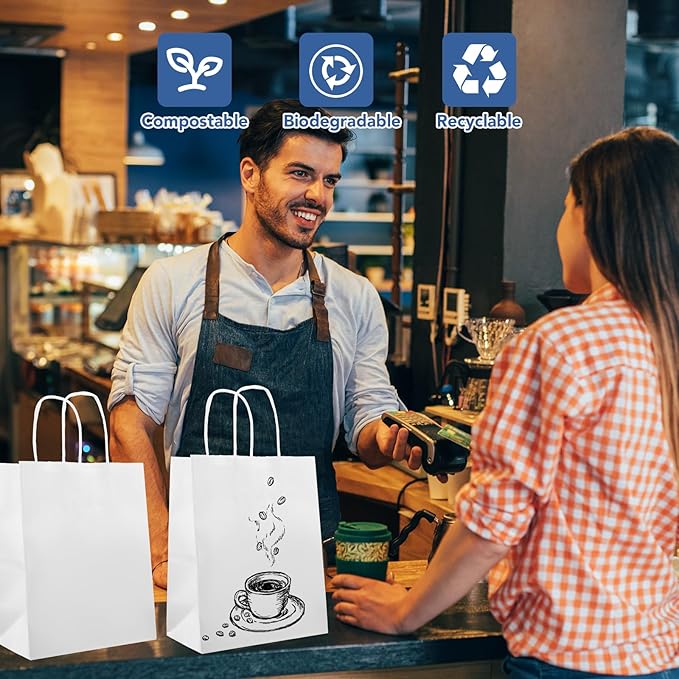 XPCARE 200Pack Paper Bags 8x4.5x10 Inch, Plain Medium Paper Bags with Handles Bulk, Kraft Paper Gift Bag, Retail, Party, Shopping, Favor Bag (White)