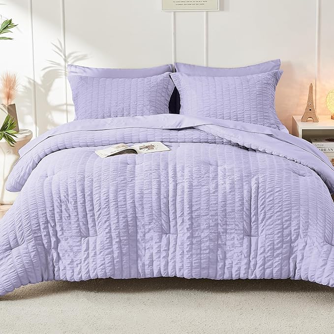 HYMOKEGE Light Purple Full Size Comforter Sets Seersucker 7 Pieces, All Season - Image 9