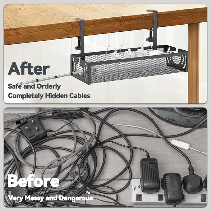Cable Management, 15'' Under Desk Cable Management Tray No Drill, Metal Cable Organizer with Clamp for Wire Management, Cord Organizer for Home Office, Desk Accessories Organizer, Black