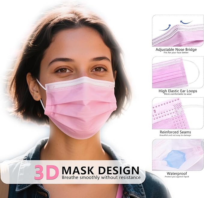 akgk 100PCS Pink Disposable Face Masks, 3-Ply Breathable Pink Face Mask - Image 4