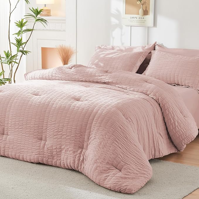 HYMOKEGE Rose Gold California King Comforter Set Seersucker 7 Pieces, All - Image 8