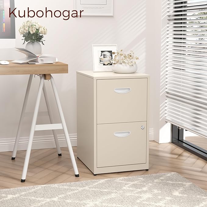 Kubohogar 2 Drawer File Cabinet with Lock,Cream Metal Filing Cabinets,Vertical Locking File Cabinet Fit Hanging Files, Letter,File Box and A4 Documents(Cream)