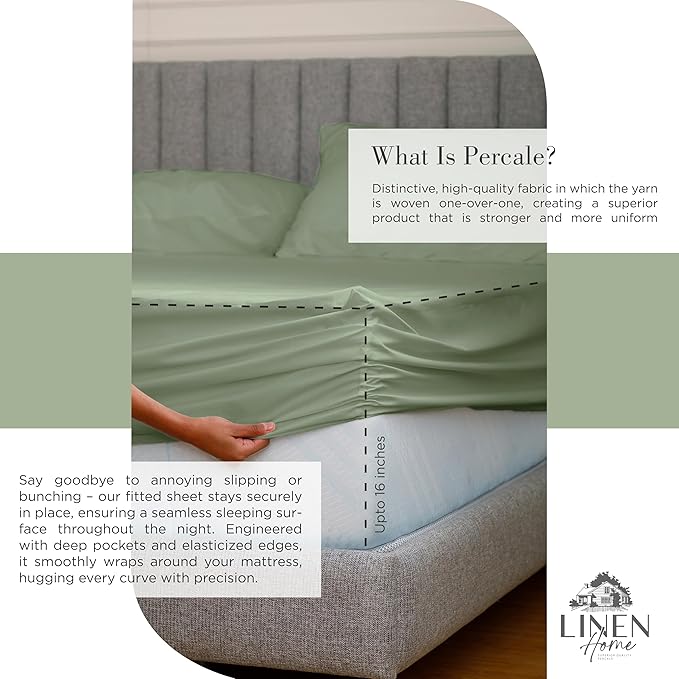 Linen Home 100% Cotton Percale Sheets Queen Size, Oil Green, Deep Pocket - Image 4
