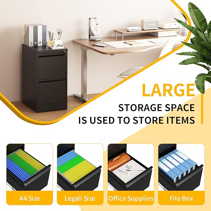 Reegangfa 2 Drawer File Cabinet with Lock, 18" D Metal Vertical Filing Cabinets, Steel File Storage Cabinets for Home Office, Hanging A4 Legal/Letter Size Narrow File Cabinet, Assembly Required