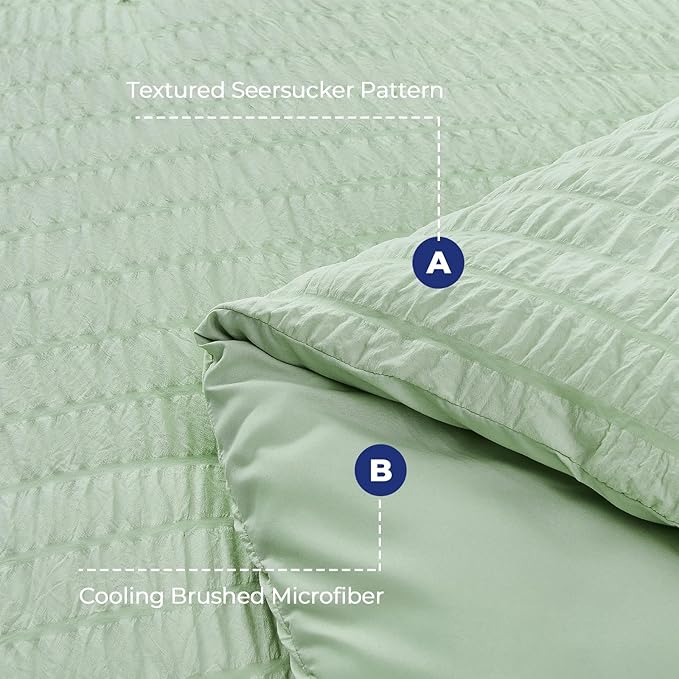HYMOKEGE Light Green Duvet Cover Full Size, Ultra Soft 3-Piece Seersucker Duvet - Image 3