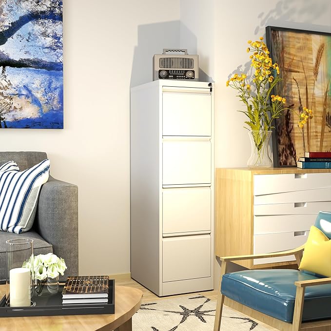 Reegangfa 4 Drawer File Cabinet with Lock, 18" D Metal Vertical Filing Cabinets, Steel File Storage Cabinets for Home Office, Hanging A4 Legal/Letter Size Narrow File Cabinet, Assembly Required