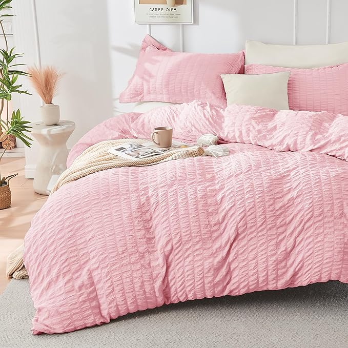 HYMOKEGE Pink/Ivory Twin Comforter Set Seersucker 5 Pieces, All Season Luxury - Image 2