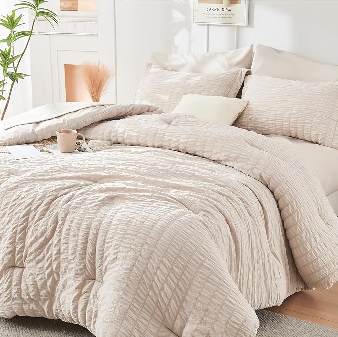 HYMOKEGE Beige Twin Comforter Set Seersucker 5 Pieces, All Season Luxury Bed in by HYMOKEGE