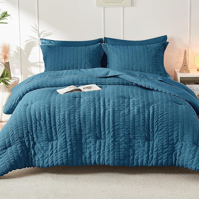 HYMOKEGE Teal Twin Comforter Set Seersucker 5 Pieces, All Season Luxury Bed in - Image 8