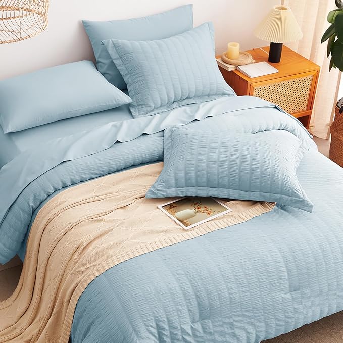 CozyLux King Size Comforter Set Light Blue Seersucker 7 Pieces Bed in a Bag - Image 6