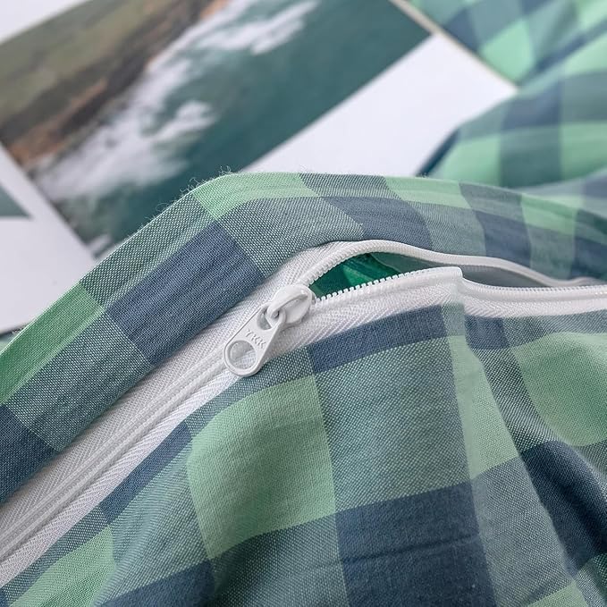 mixinni Green Gingham Grid Duvet Cover King, 100% Washed Cotton Modern - Image 7