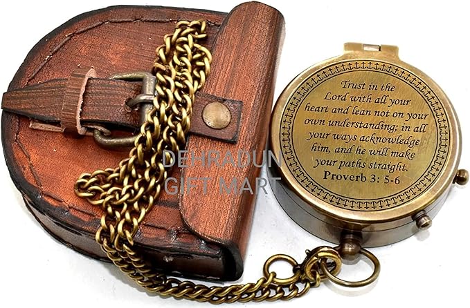 ''Trust in The Lord'' Proverb3:5-6 Special Bibal Quote Scriptue Engraved Compass with Leather Case Guidance Gift | Religious Gift Compass | Baptism Gift | Graduation Gift Compass