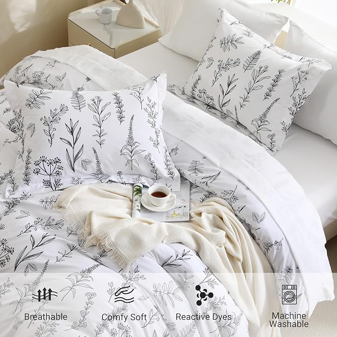 MUXHOMO Duvet Cover Queen Size, Reversible Floral White Duvet Cover Set - Image 5