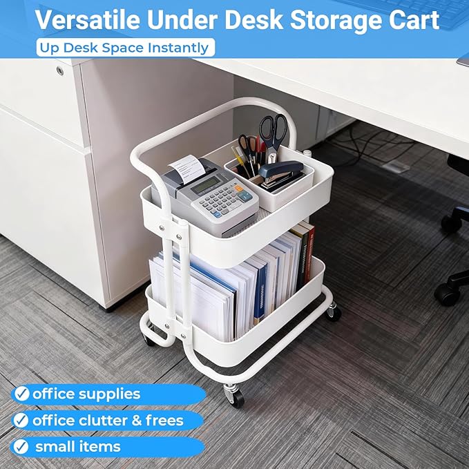 Ufriandz 2 Tier Cart with Wheels Under Desk Storage with Handle, Metal Rolling Pantry Cart for Kitchen White Small Rolling Basket for Laundry Room Bathroom, Utility Shelf Organizer for Small Space