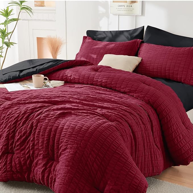 HYMOKEGE Red & Black King Size Comforter Set Seersucker 7 Pieces, All Season by HYMOKEGE