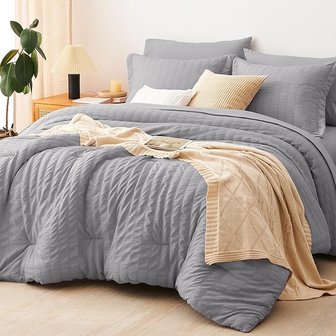 CozyLux Queen Comforter Set Grey Seersucker 7 Pieces Bed in a Bag Queen by CozyLux