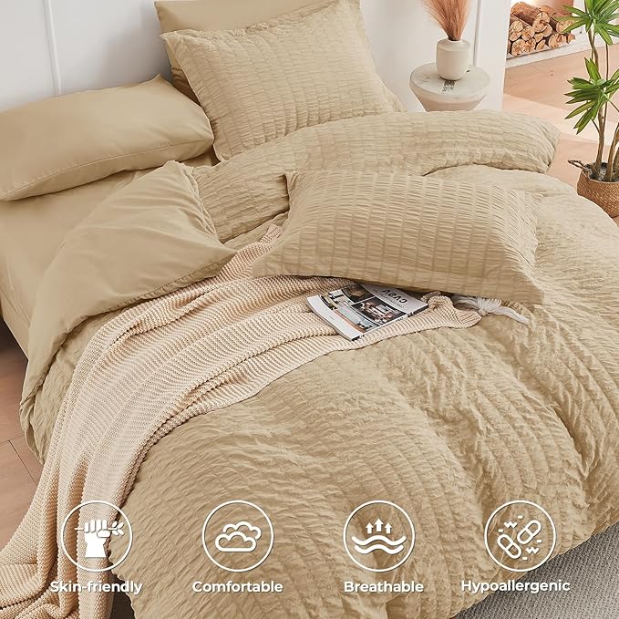 HYMOKEGE Khaki California King Comforter Set Seersucker 7 Pieces, All Season - Image 3