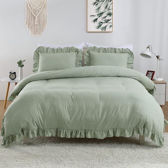 Ruffle Duvet Cover King Size, Sage Green, 104x90 in - Image 2