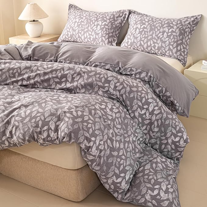 OAITE Grey Fallen Leaves Twin Size Duvet Cover-3 Pieces Prewashed Cotton-Like - Image 2