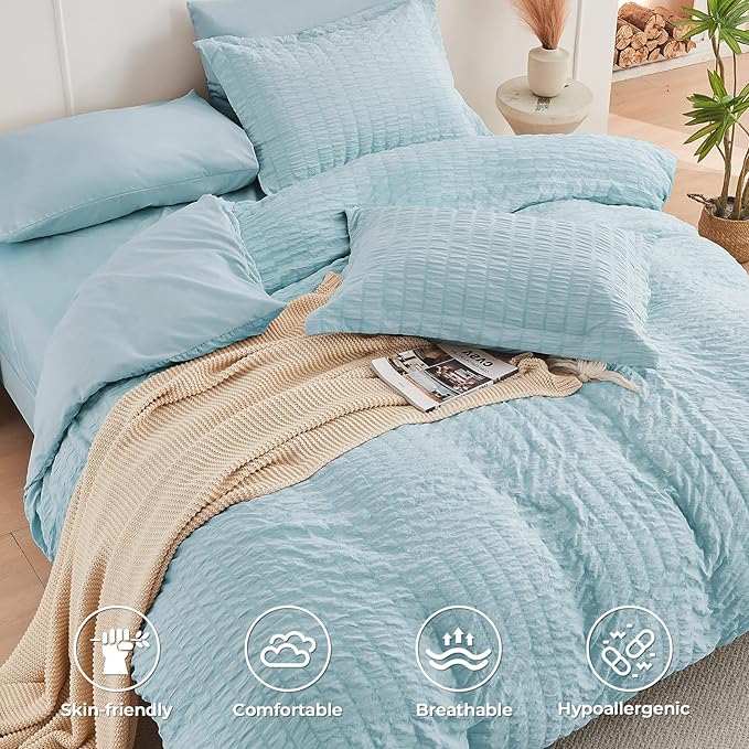 HYMOKEGE Lake Blue Twin Comforter Set Seersucker 5 Pieces, All Season Luxury - Image 3
