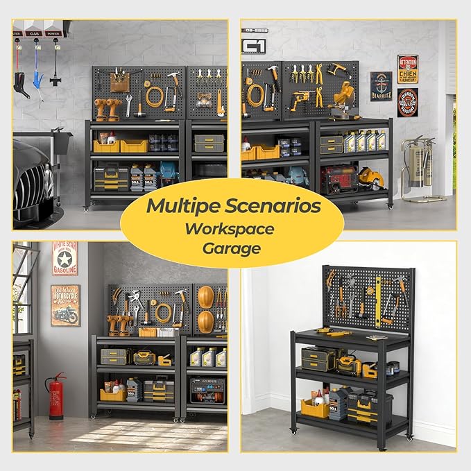 Storage Shelves with Pegboard,Heavy Duty Garage Shelving Units and Storage,Metal Shelving Adjustable Shelves,Garage Storage Rack,Industrial Utility Shelf For Kitchen,Pantry 47.2"H*33.46"W*18"D