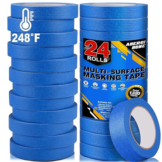 Aheroi Painters Masking Tape, 120℃/24 Rolls Blue Painting Tape Automotive Masking Tape Bulk (1320yd=24*1in*55yd), Multi-Purpose Thin Painter's Tape for Home Auto Paint Craft DIY, Construction Site Use