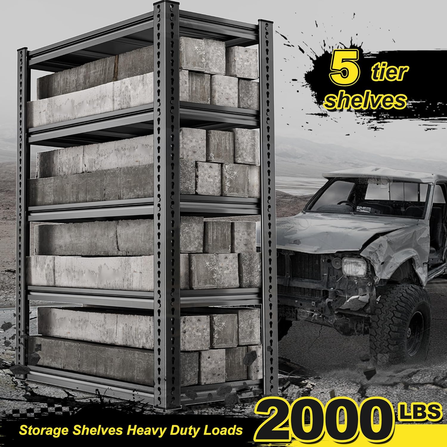REIBII Garage Shelving Load 2000 LBS, Adjustable 5-Tier Storage Shelves, Metal Shelving Units and Storage Rack Shelf for Garage, Basement, Kitchen, 32" W x 17" D x 72" H, Black, 2PC
