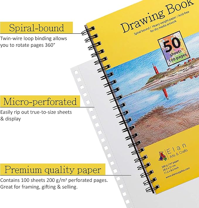Elan A4 Drawing Book, 50 Sheets Italian Paper 90 lb/200 GSM, Acid-Free Sketch Book 11.7x8.3 Inch, White Drawing Paper Pad, A4 Sketchbook Spiral Bound