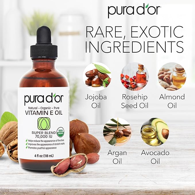 PURA D'OR 4 Oz Organic Vitamin E Oil 70, 000 IU, USDA Certified Face, Hair & - Image 3