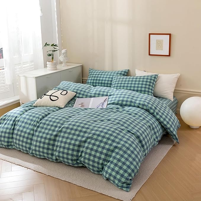 mixinni Green Gingham Grid Duvet Cover Full, 100% Washed Cotton Modern - Image 5