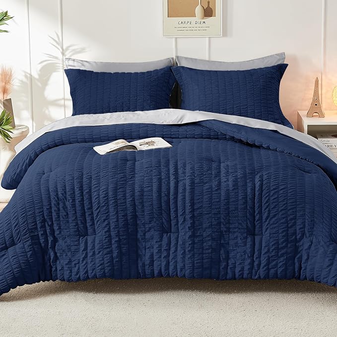 HYMOKEGE Navy Blue/Light Grey Queen Comforter Set Seersucker 7 Pieces, All - Image 7