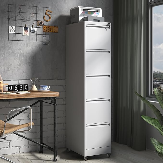 IKIMI 5 Drawer File Cabinet with Wheels,Metal Mobile Filing Cabinets with Lock,Vertical File Cabinet for Home Office,Heavy Duty Storage Cabinet for A4/Letter/Legal Size File,Assembly Required