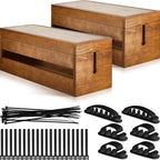 Hoteam 48 Pcs Wooden Cable Management Box Cable Organizer Box Set Power Strip Holder Cord Hider Clip Adhesive Management Ties Cord Sleeves for Desktop Home Office(Brown,Large)