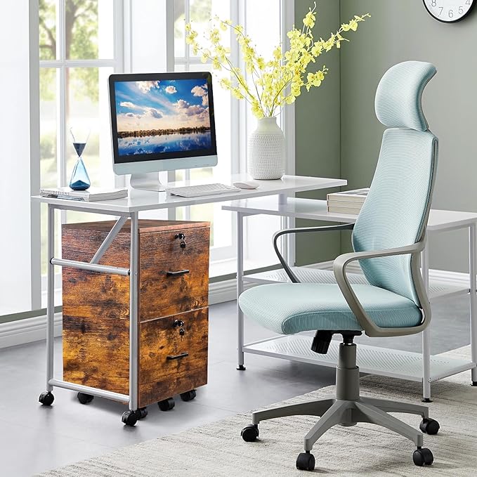 VINGLI 2-Drawer Small Rolling File Cabinet with Lock, Wood Filing Cabinet for Hanging Letter Size Filings with Tabs, Mobile Under Desk File Cabinets for Home Office, Rustic Brown, 27.2" H