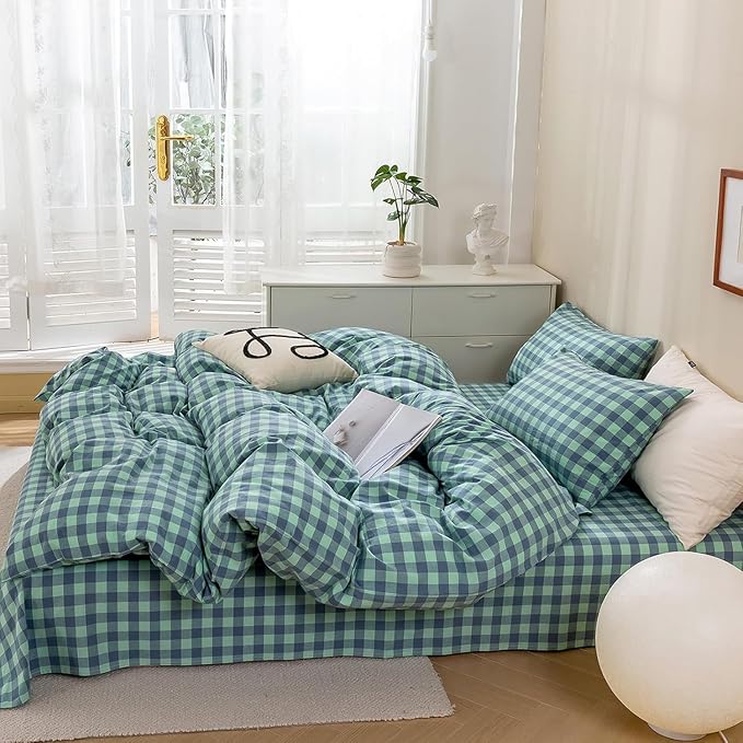 mixinni Green Gingham Grid Duvet Cover King, 100% Washed Cotton Modern - Image 3