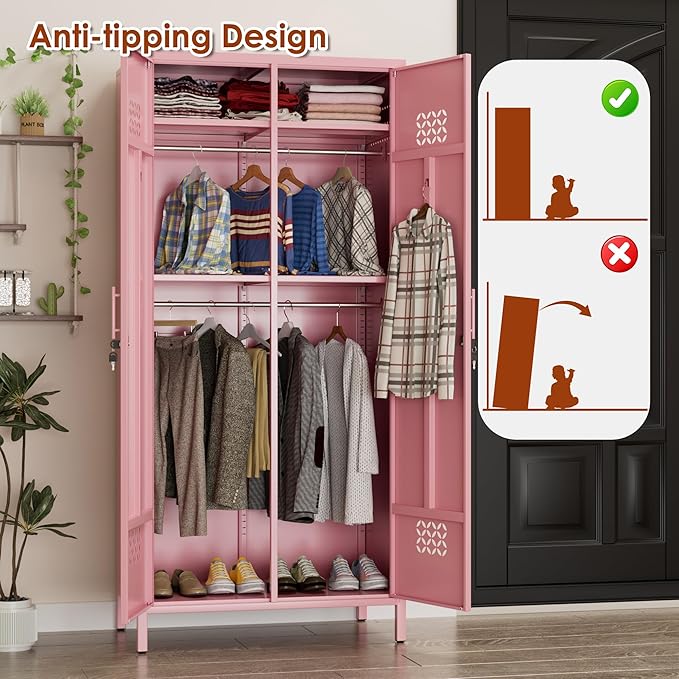 SUPEER 2 Doors Metal Storage Locker with Adjustable Shelves and 2 Hanging Rods, Metal Wardrobe Cabinet with Lock,Wardrobe Lockers for Home,Office,Assembly Required,Pink