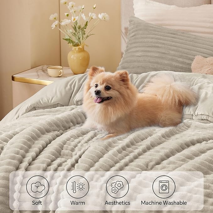 BEDELITE Fleece Queen Comforter Set -Super Soft & Warm Fluffy Linen Bedding - Image 3